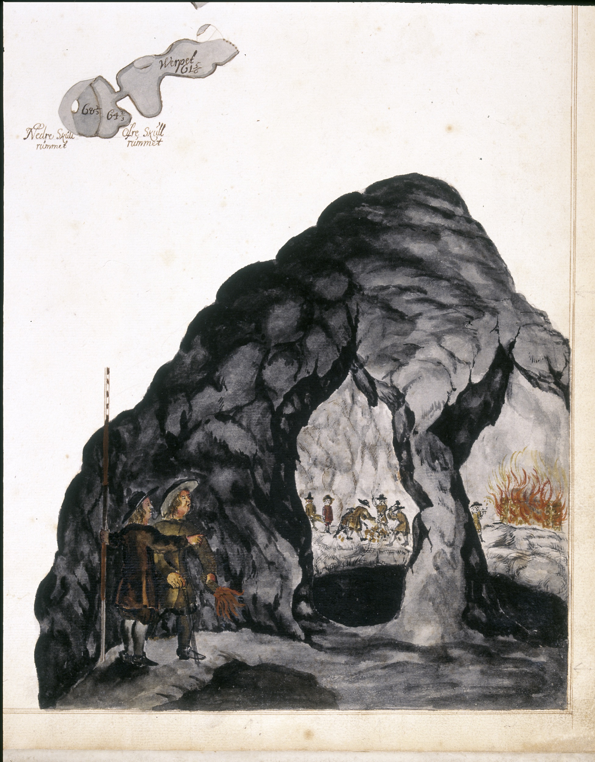 Illustration ur karta av Hans Ranies som beskriver Falu Gruva på 1600-talet. 